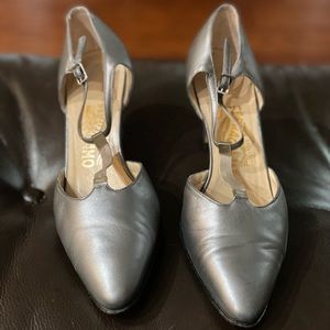 Salvatore Ferragamo T-Strap Silver Heels